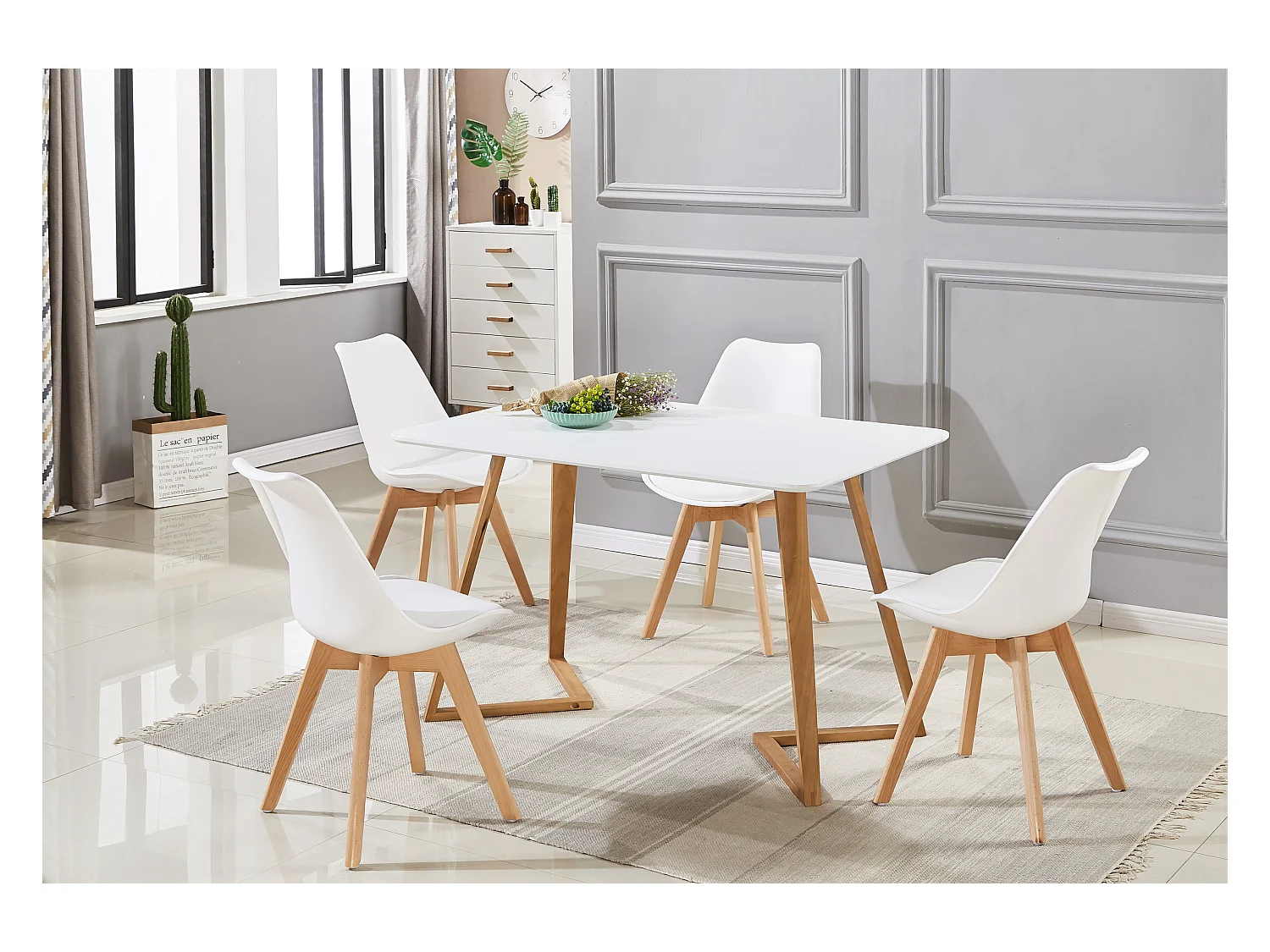 LORENZO DALLAS - Ensemble Table à Manger Blanche + 4 Chaises Scandinaves Blanches - Style Moderne