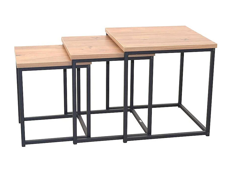 Beistelltischset in Eichefarben und Schwarz Bügelgestell (dreiteilig)