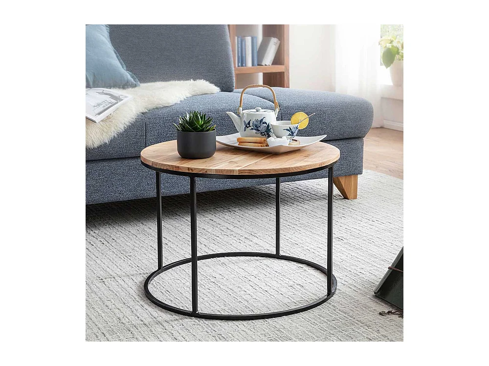 Sofa Beistelltisch aus Akazie Massivholz und Edelstahl rund