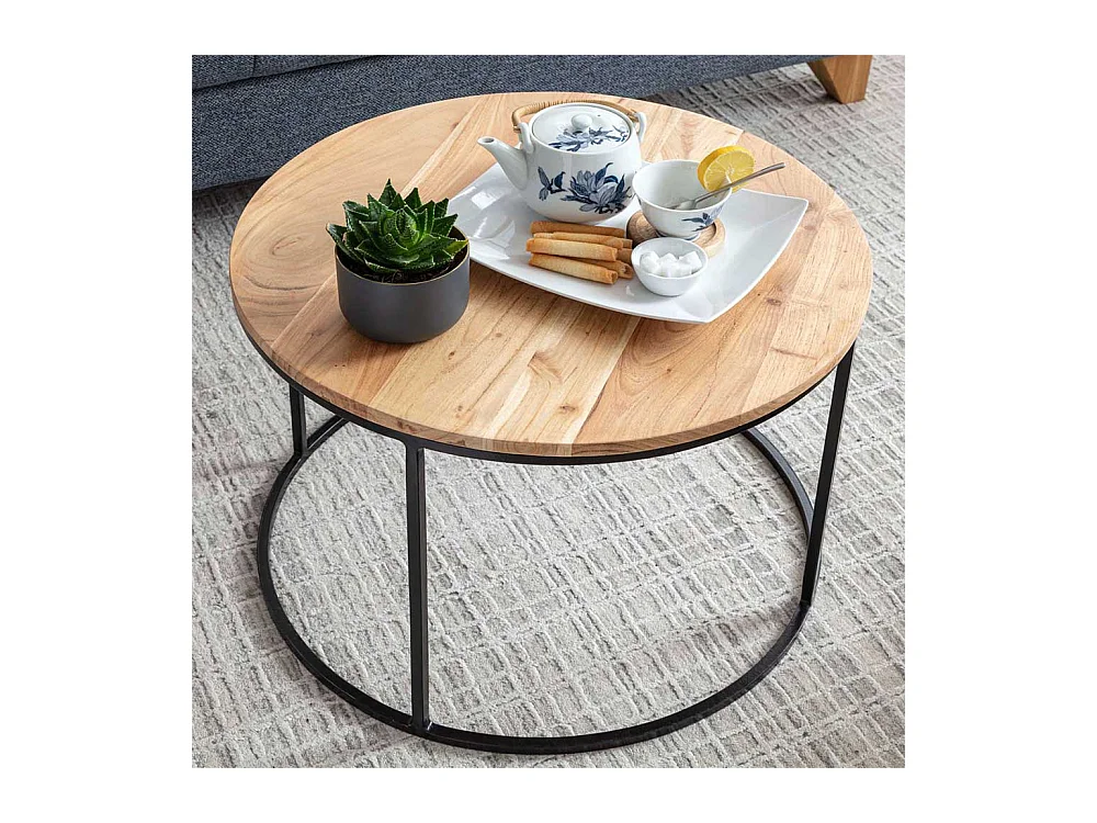 Sofa Beistelltisch aus Akazie Massivholz und Edelstahl rund