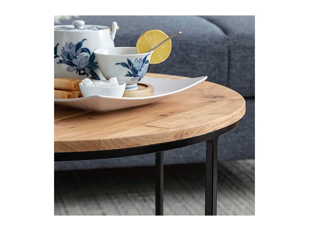 Sofa Beistelltisch aus Akazie Massivholz und Edelstahl rund