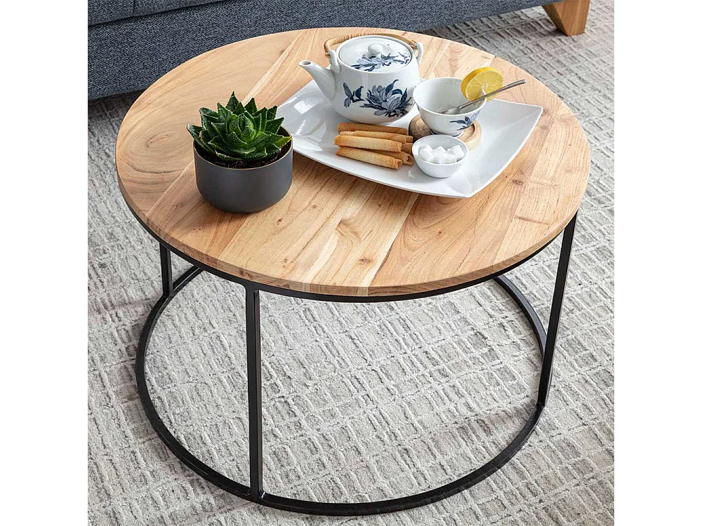 Sofa Beistelltisch aus Akazie Massivholz und Edelstahl rund