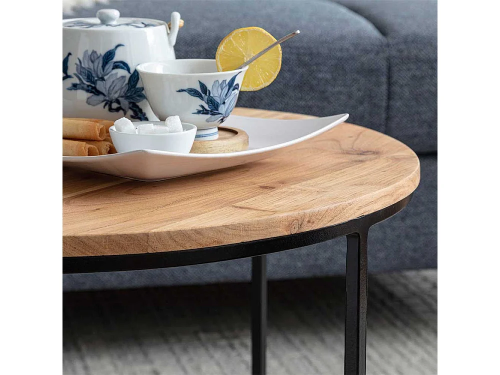 Sofa Beistelltisch aus Akazie Massivholz und Edelstahl rund