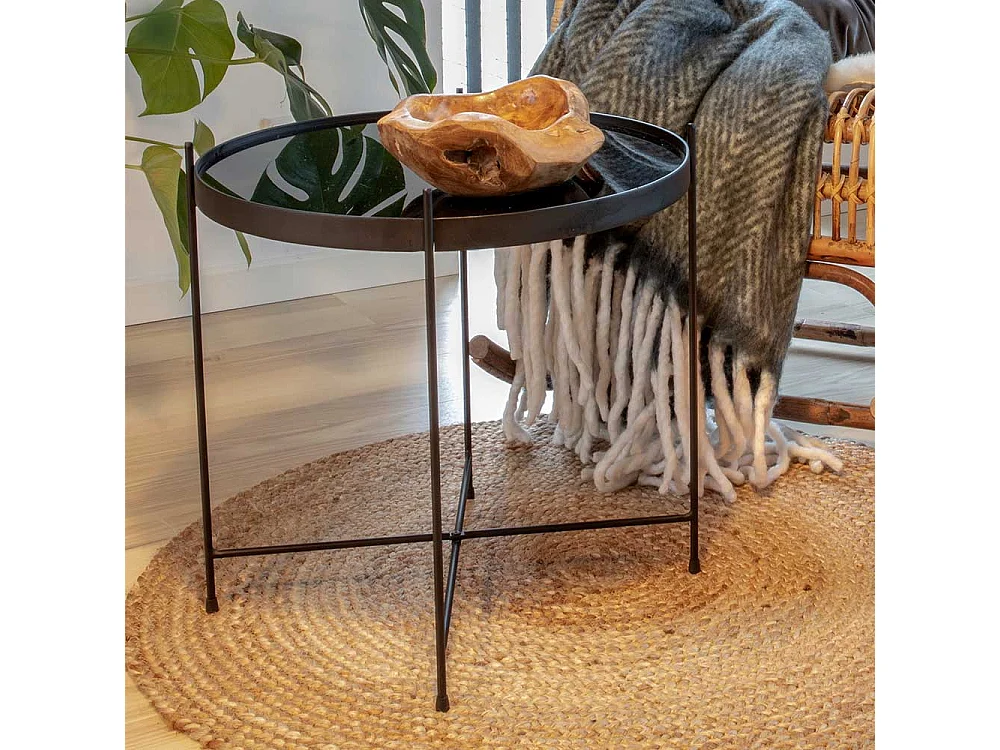 Sofa Beistelltisch in Schwarz runder Glasplatte