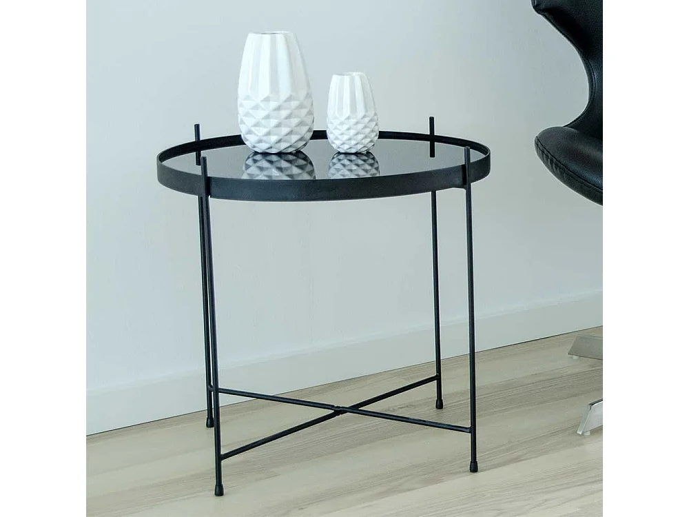 Sofa Beistelltisch in Schwarz runder Glasplatte