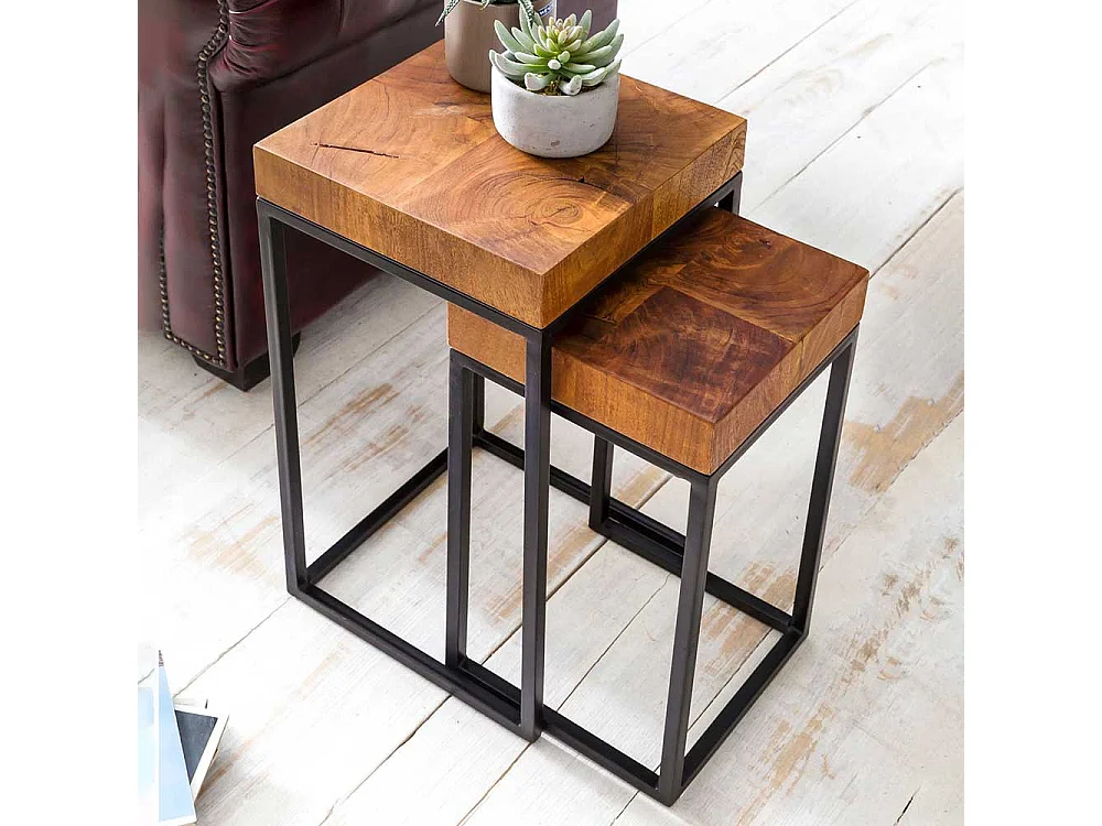 Beistelltische aus Sheesham Massivholz Eisen (zweiteilig)
