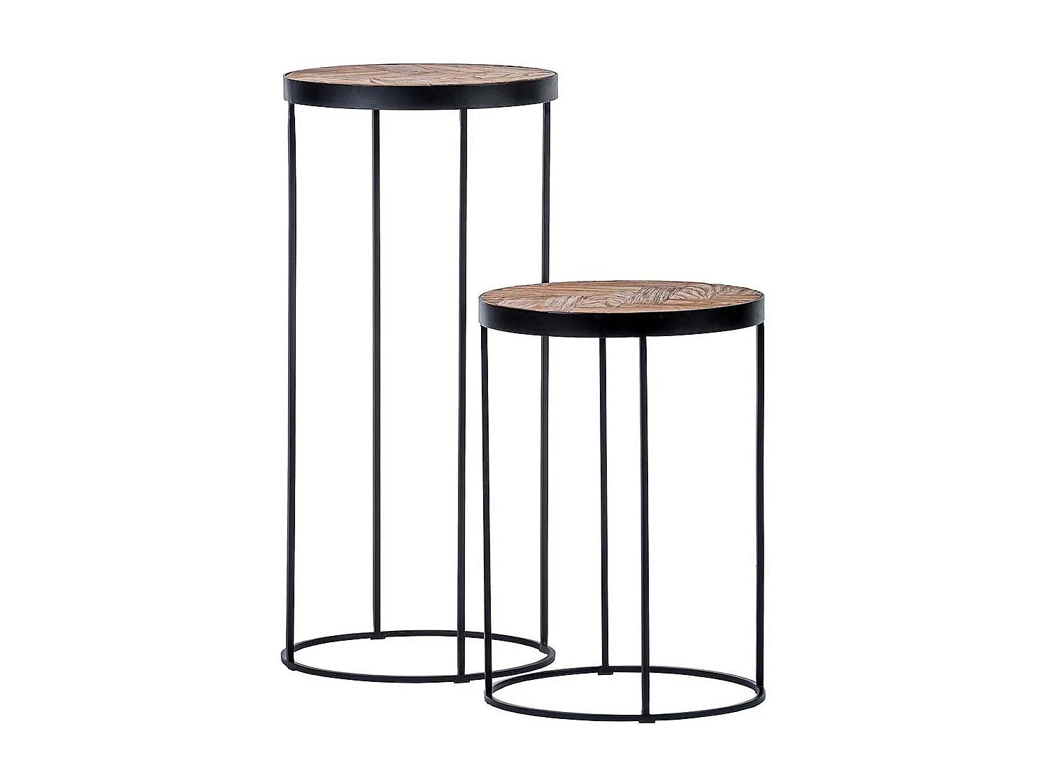 Runde Beistelltische in Teakfarben Massivholzplatte und Metallgestell (zweiteilig)