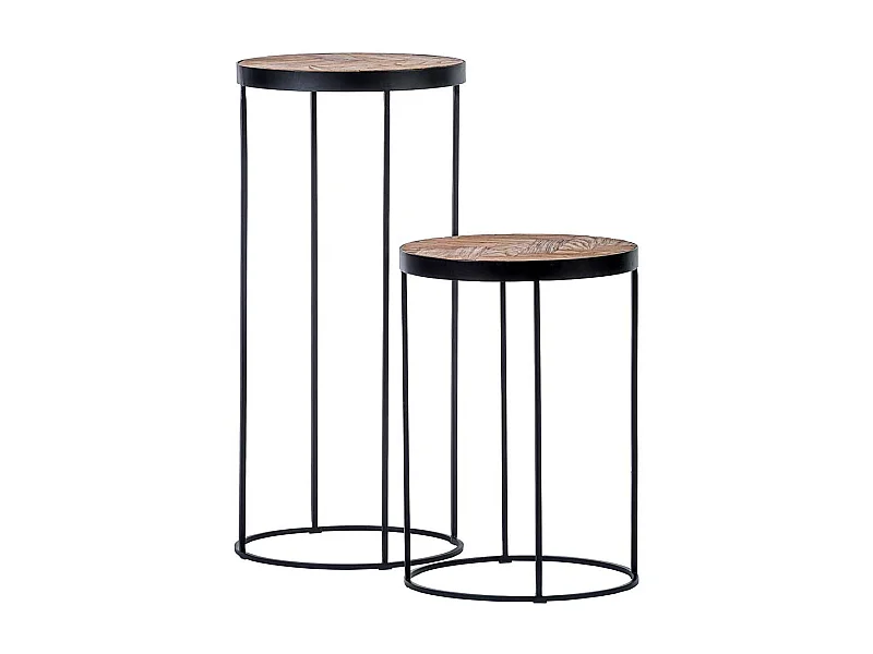 Runde Beistelltische in Teakfarben Massivholzplatte und Metallgestell (zweiteilig)