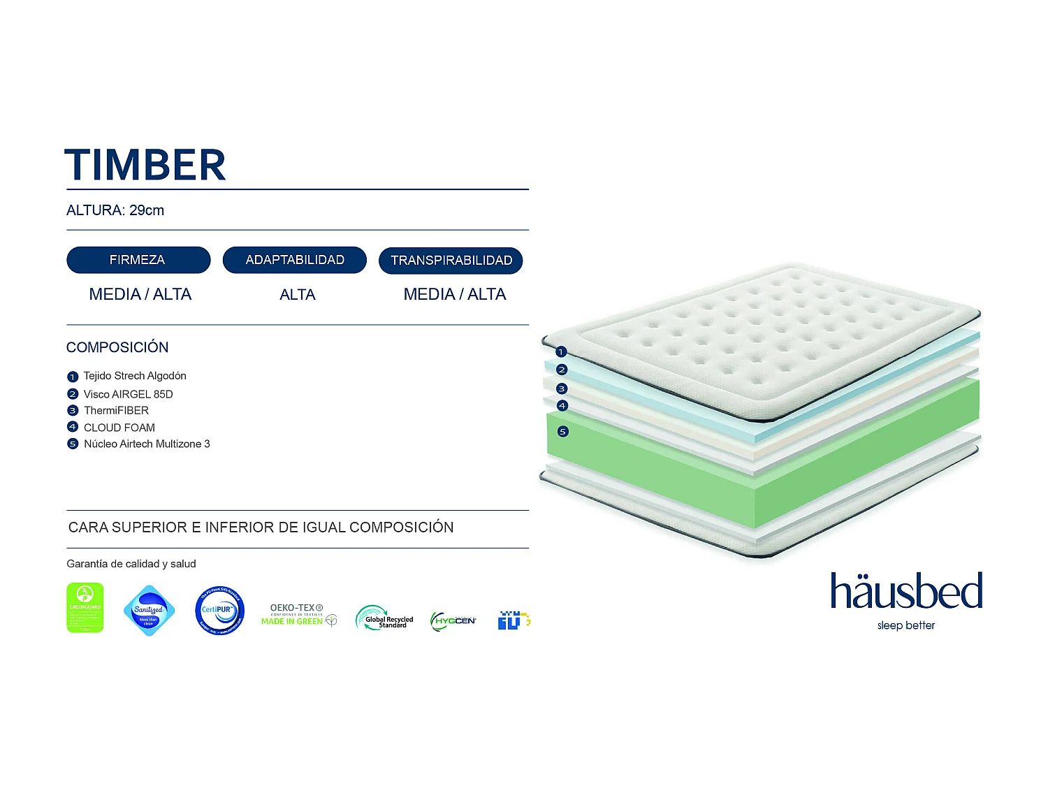 Colchón Airtech y Visco Airgel TIMBER 29 cm Häusbed 140X200