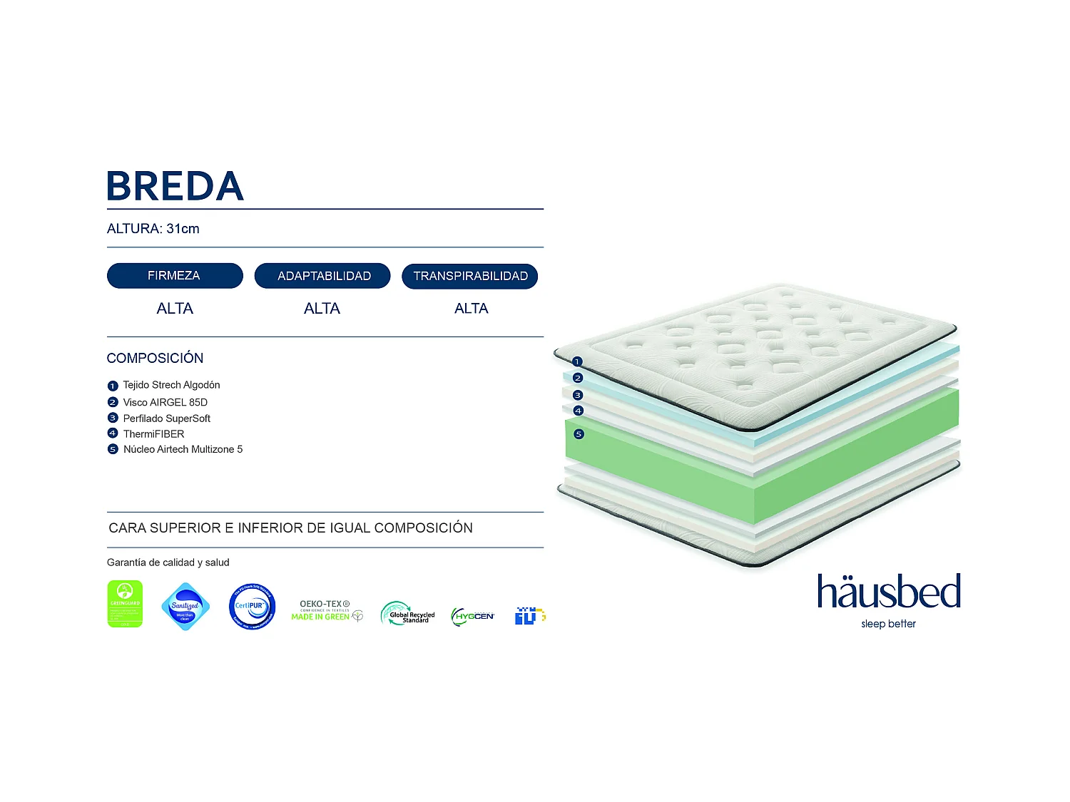 Colchón Airtech y Visco Airgel BREDA 31 cm Häusbed 090X200