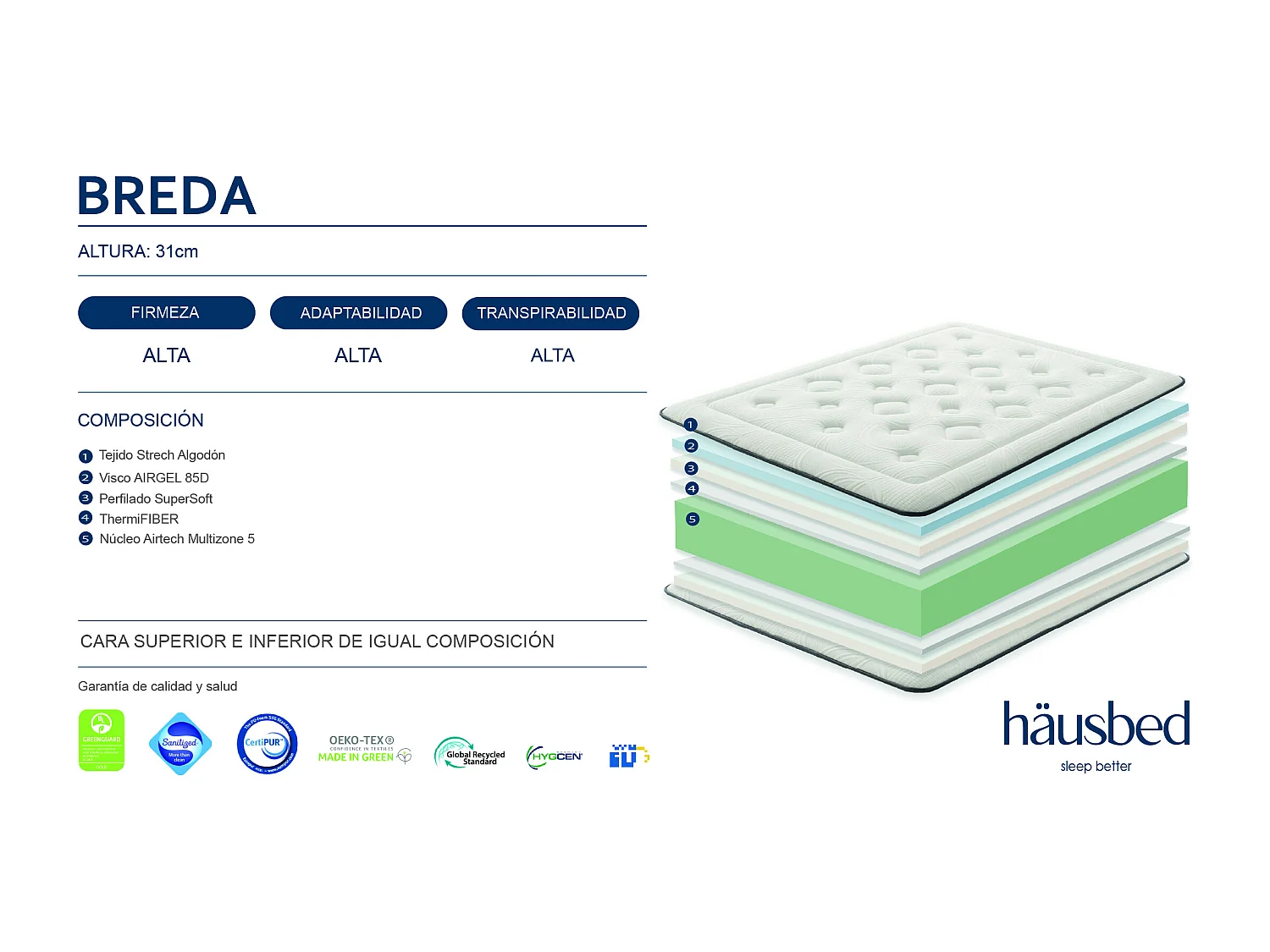 Colchón Airtech y Visco Airgel BREDA 31 cm Häusbed 090X200