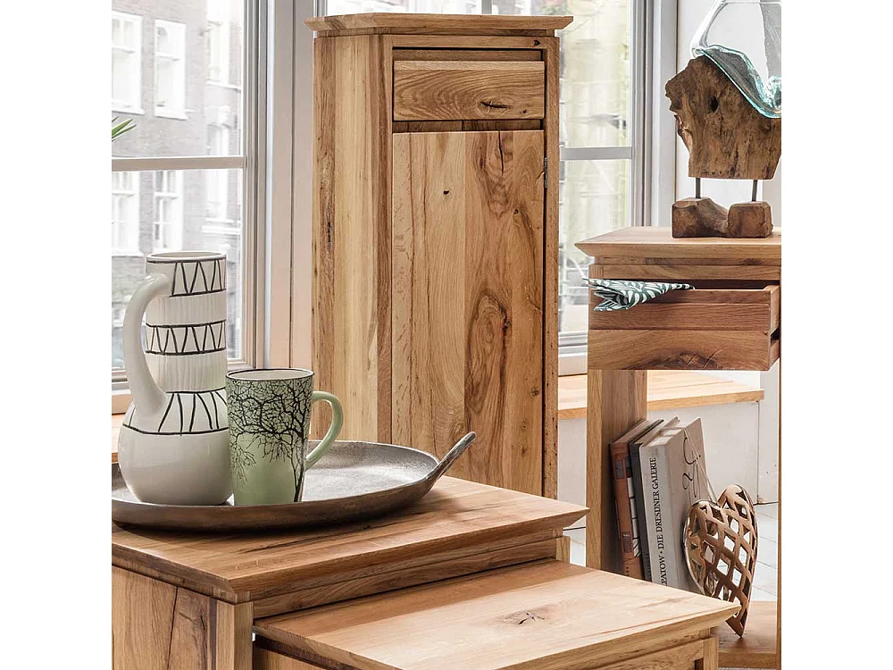 Blumensäule aus Wildeiche Massivholz mit Schublade und Tür