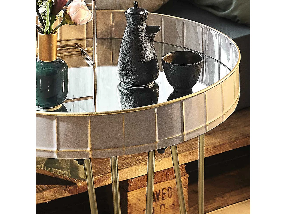 Design Sofatisch in Hellgrau und Bronzefarben rund