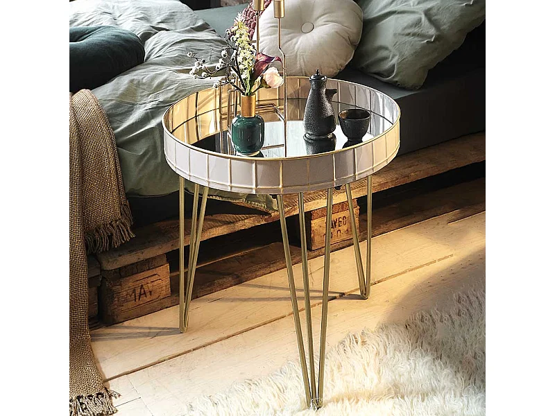 Design Sofatisch in Hellgrau und Bronzefarben rund