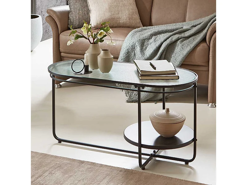 Designcouchtisch mit Bügelgestell Strukturglasplatte Riffelglas