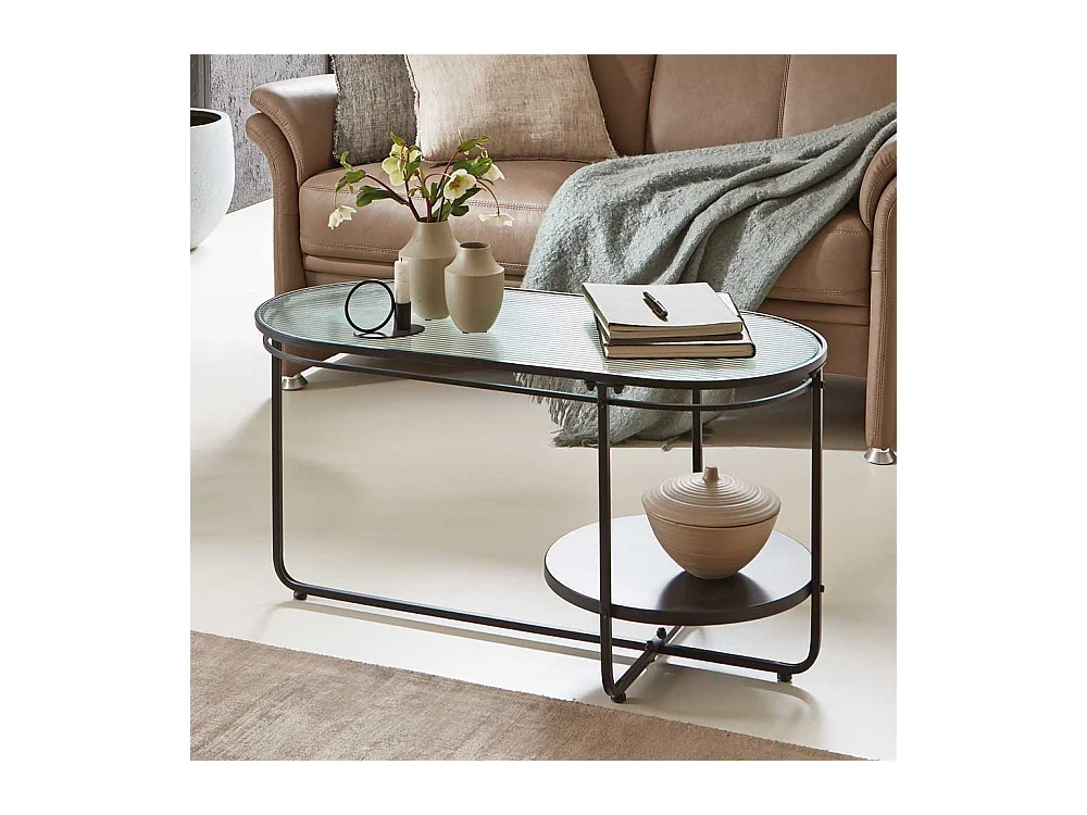 Designcouchtisch mit Bügelgestell Strukturglasplatte Riffelglas