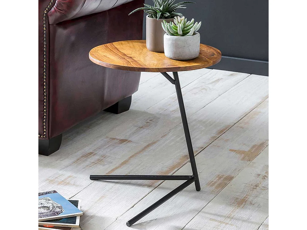 Couch Anstelltisch aus Sheesham Massivholz und Eisen rund