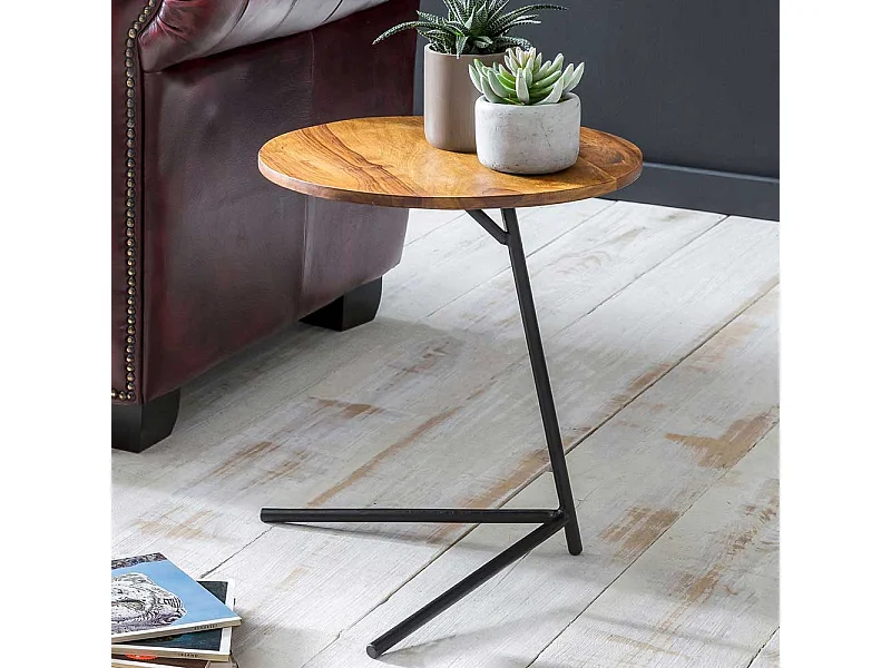 Couch Anstelltisch aus Sheesham Massivholz und Eisen rund