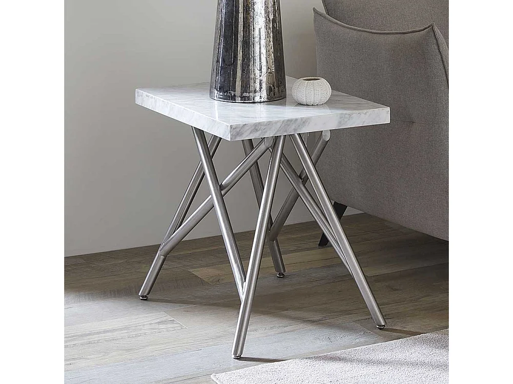 Beitisch mit weißer Marmorplatte Vierfußgestell aus Edelstahl