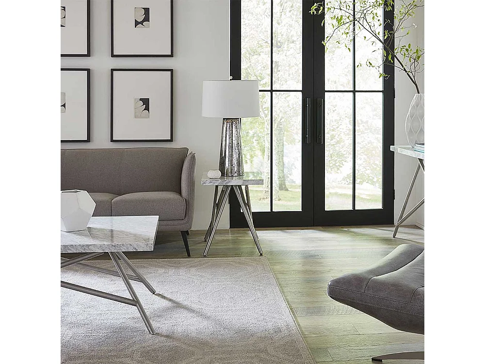 Beitisch mit weißer Marmorplatte Vierfußgestell aus Edelstahl