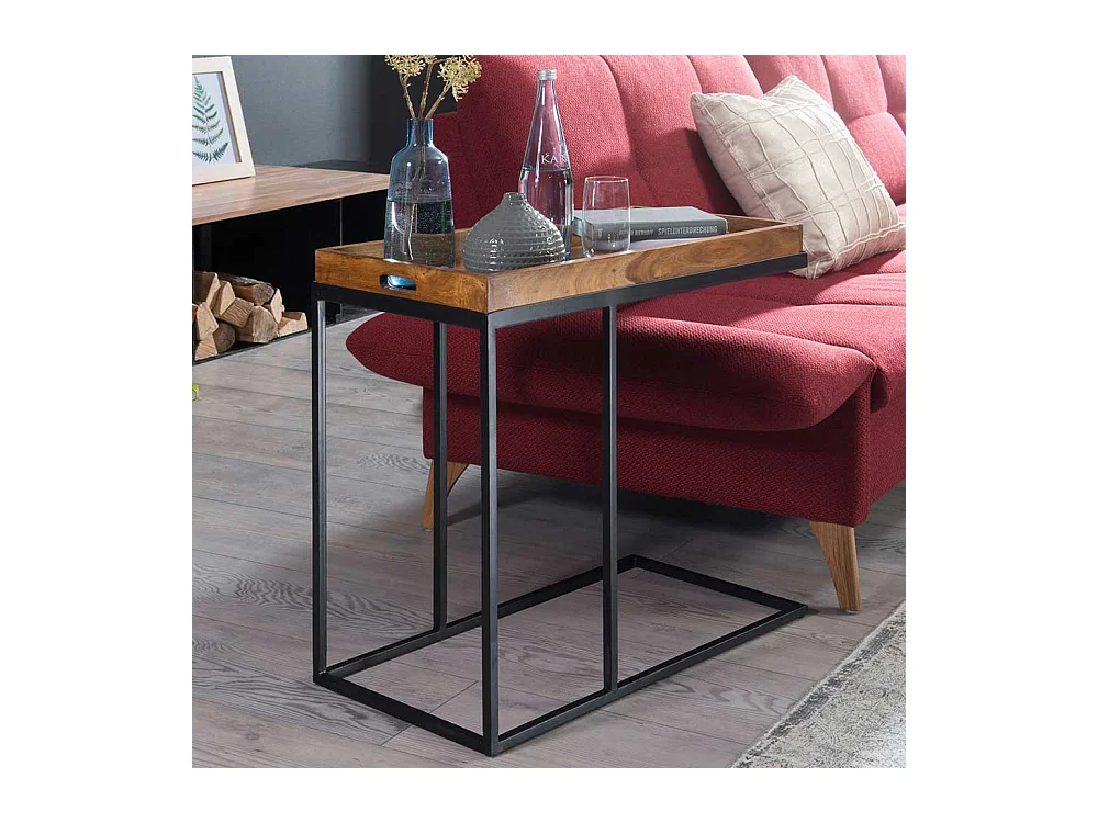 Beitisch aus Sheesham Massivholz Metall in Schwarz