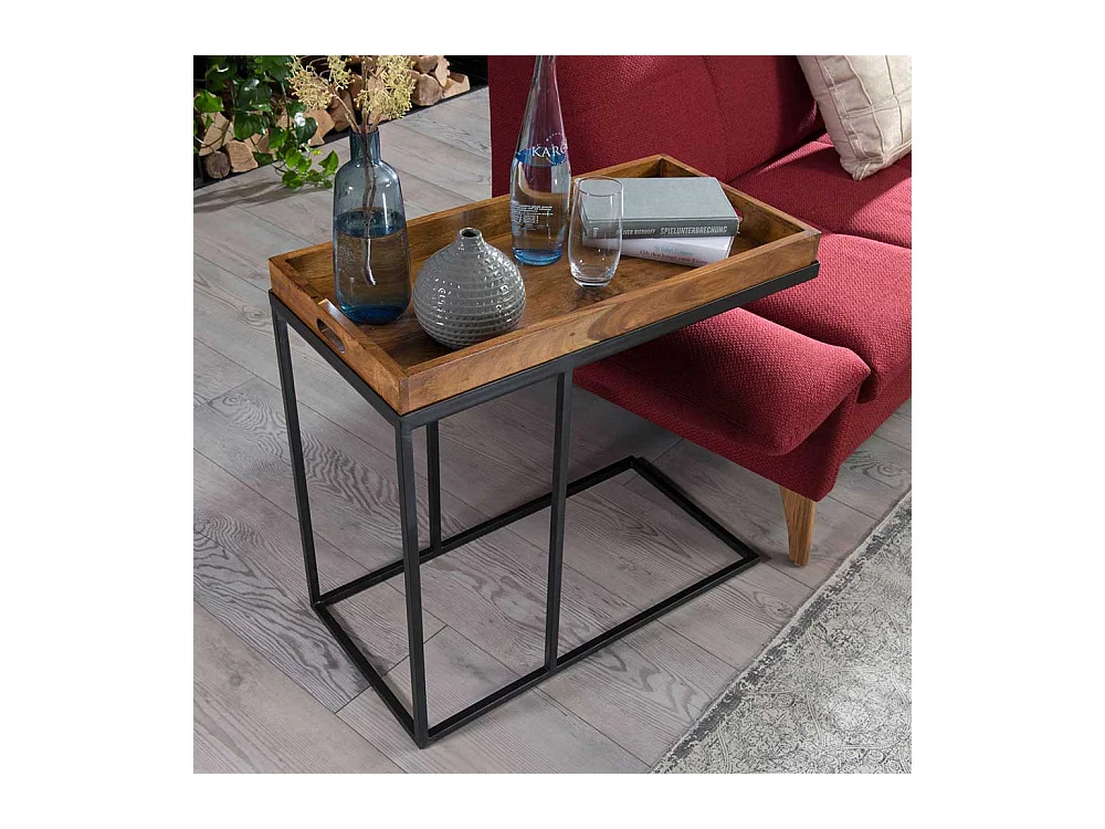 Beitisch aus Sheesham Massivholz Metall in Schwarz