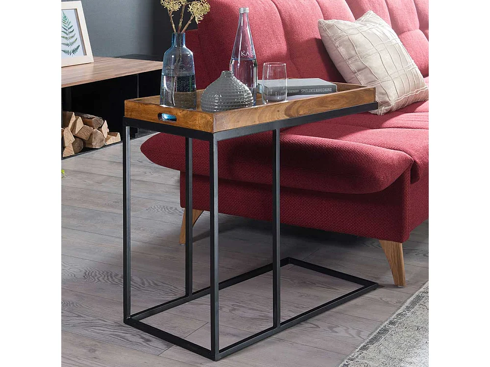 Beitisch aus Sheesham Massivholz Metall in Schwarz