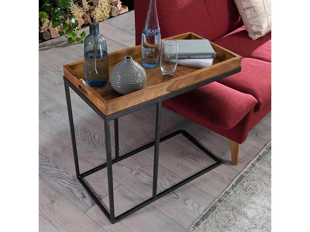 Beitisch aus Sheesham Massivholz Metall in Schwarz