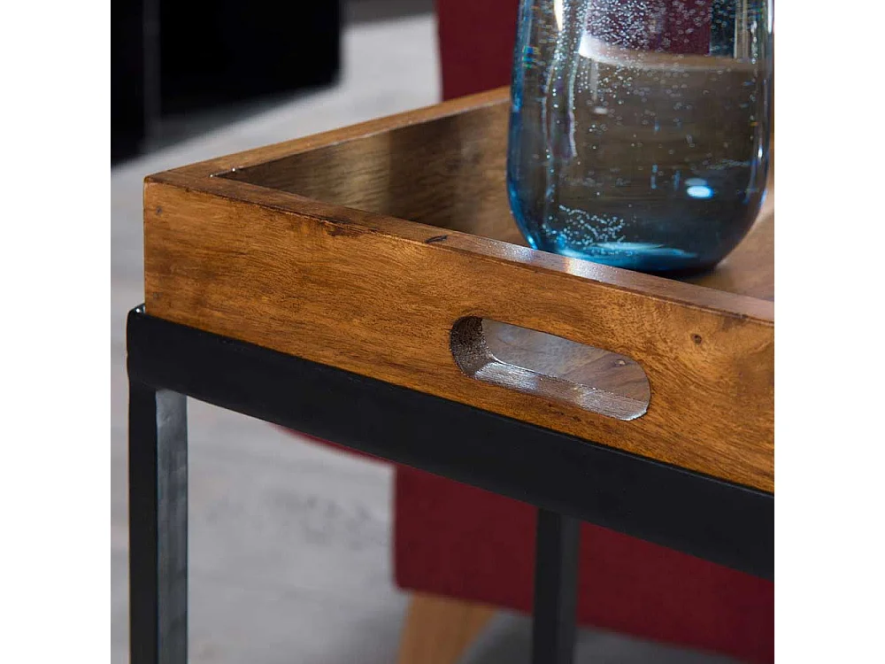 Beitisch aus Sheesham Massivholz Metall in Schwarz