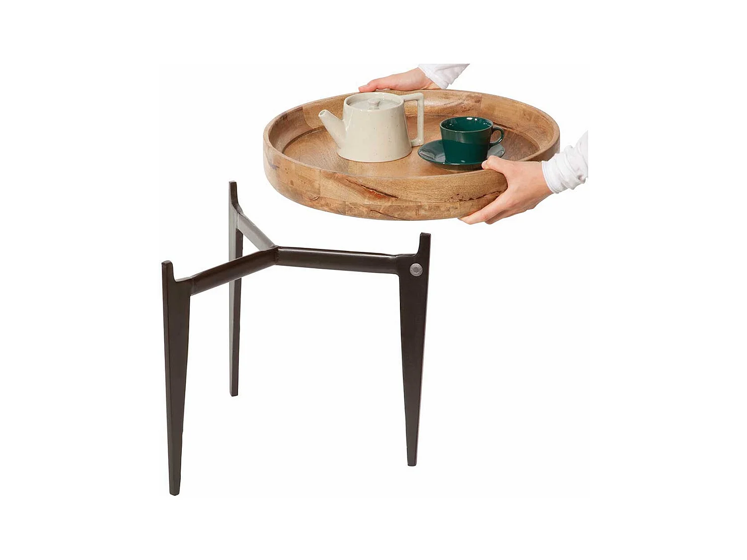 Beitisch mit Tablettfunktion runder Massivholzplatte