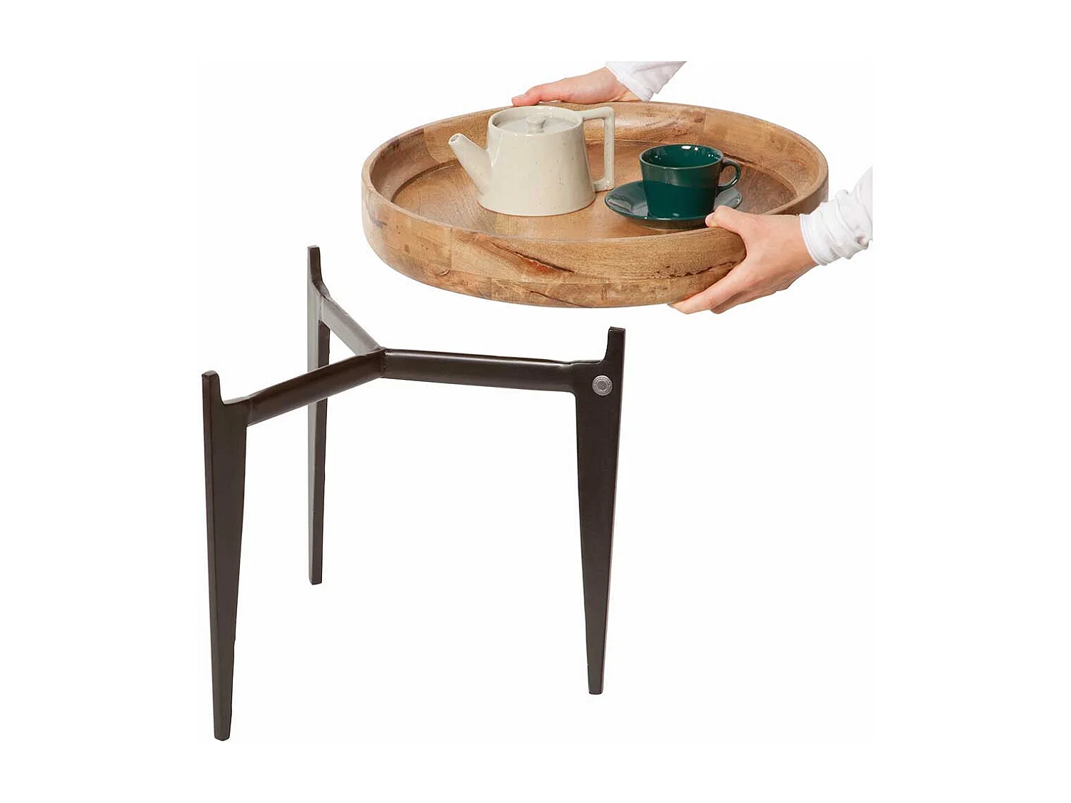 Beitisch mit Tablettfunktion runder Massivholzplatte