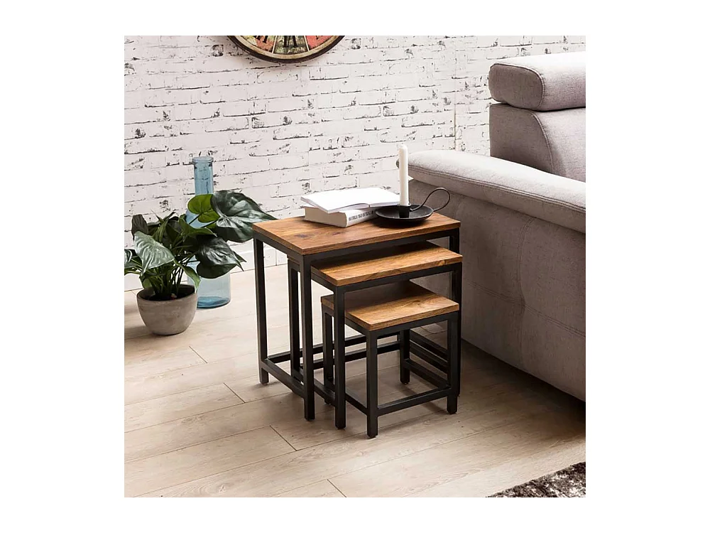 Ablagetisch Set aus Sheesham Massivholz Metall (dreiteilig)