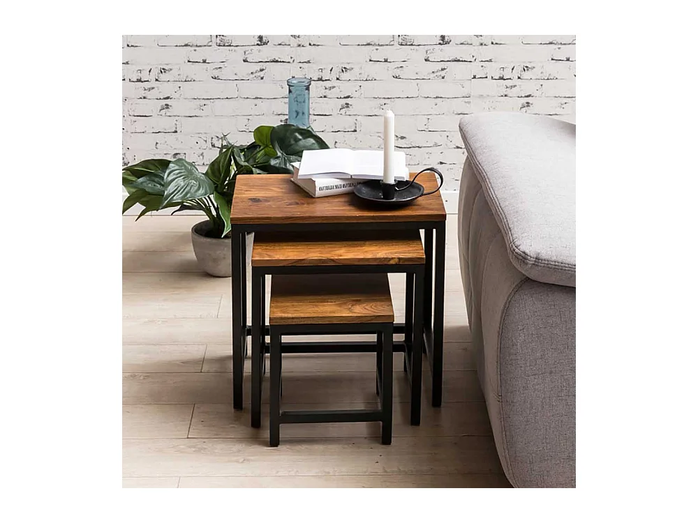 Ablagetisch Set aus Sheesham Massivholz Metall (dreiteilig)