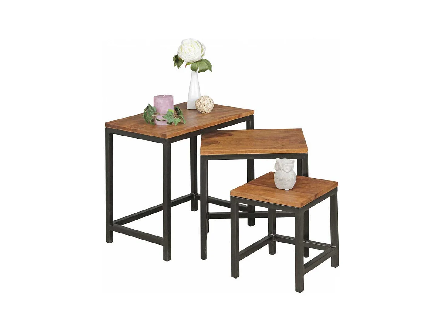 Ablagetisch Set aus Sheesham Massivholz Metall (dreiteilig)