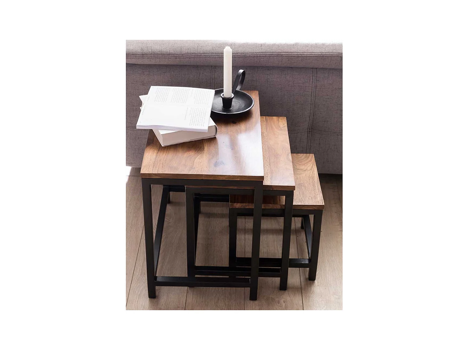 Ablagetisch Set aus Sheesham Massivholz Metall (dreiteilig)