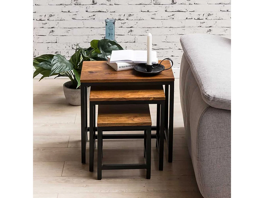 Ablagetisch Set aus Sheesham Massivholz Metall (dreiteilig)