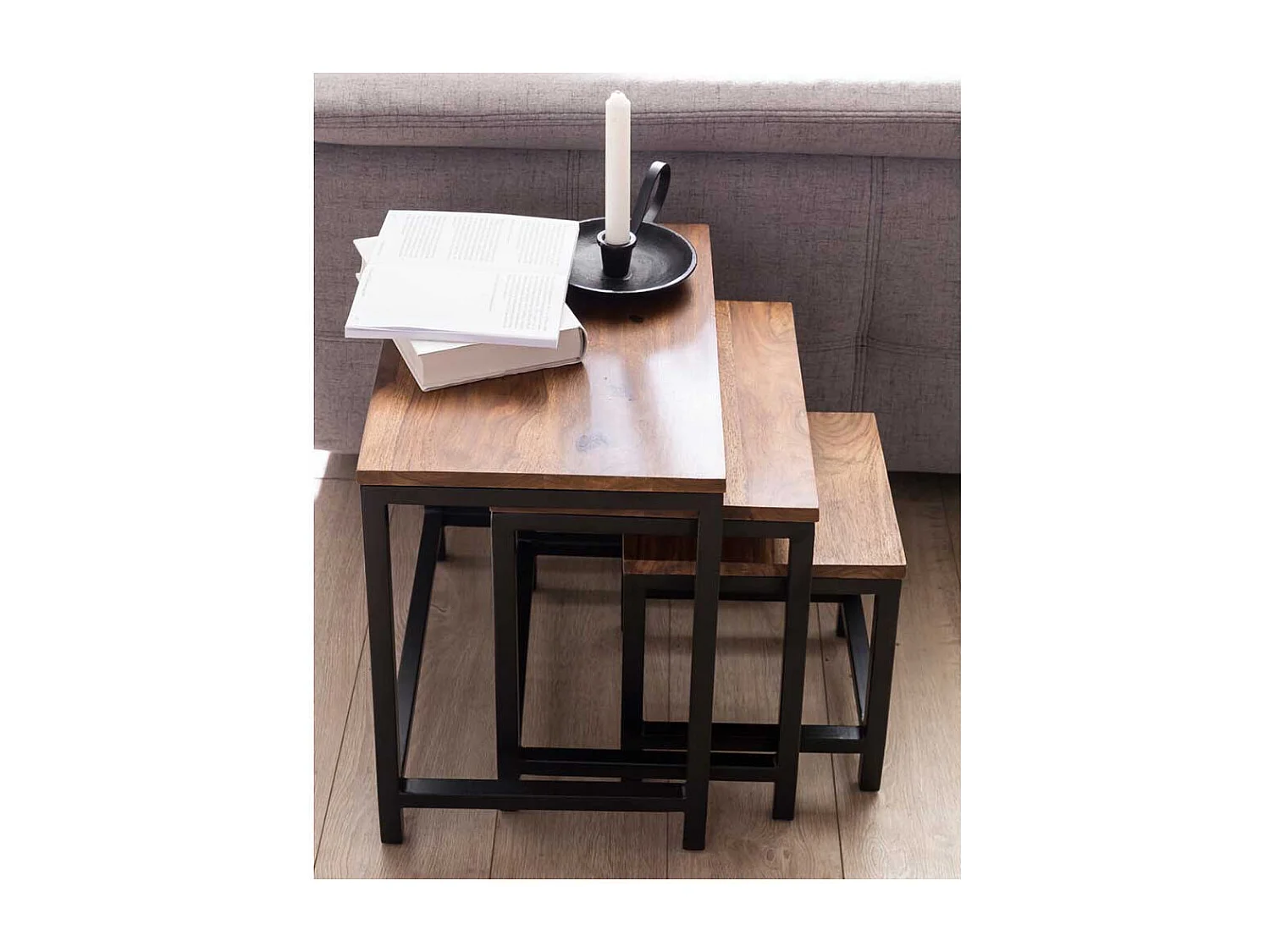 Ablagetisch Set aus Sheesham Massivholz Metall (dreiteilig)