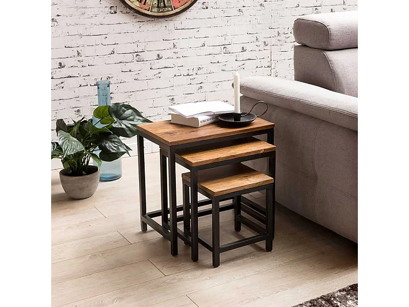 Ablagetisch Set aus Sheesham Massivholz Metall (dreiteilig)