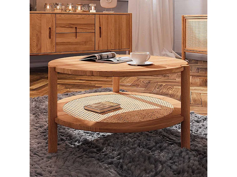 Moderner Wohnzimmertisch aus Rattan Geflecht Wildbuche Massivholz