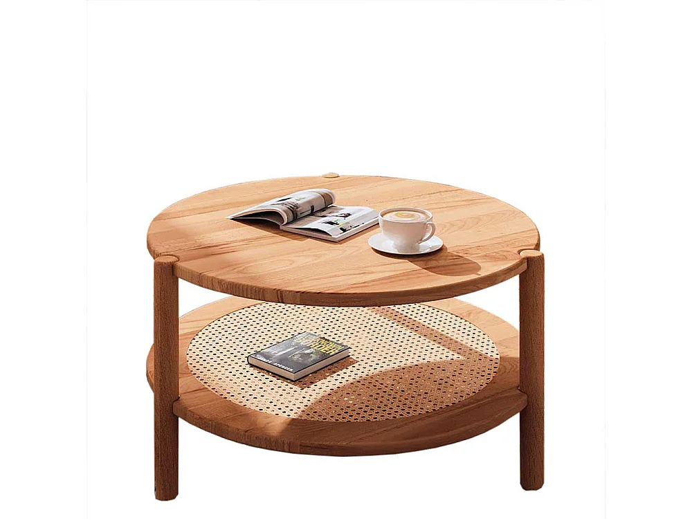 Moderner Wohnzimmertisch aus Rattan Geflecht Wildbuche Massivholz