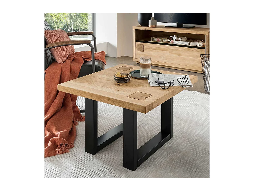 Wildeiche Wohnzimmertisch mit Metall Bügelgestell Hirnholz Einlage