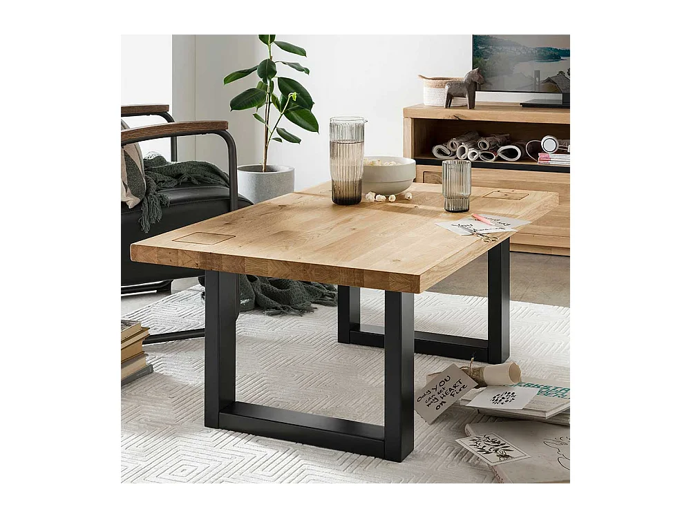 Wildeiche Wohnzimmertisch mit Metall Bügelgestell Hirnholz Einlage