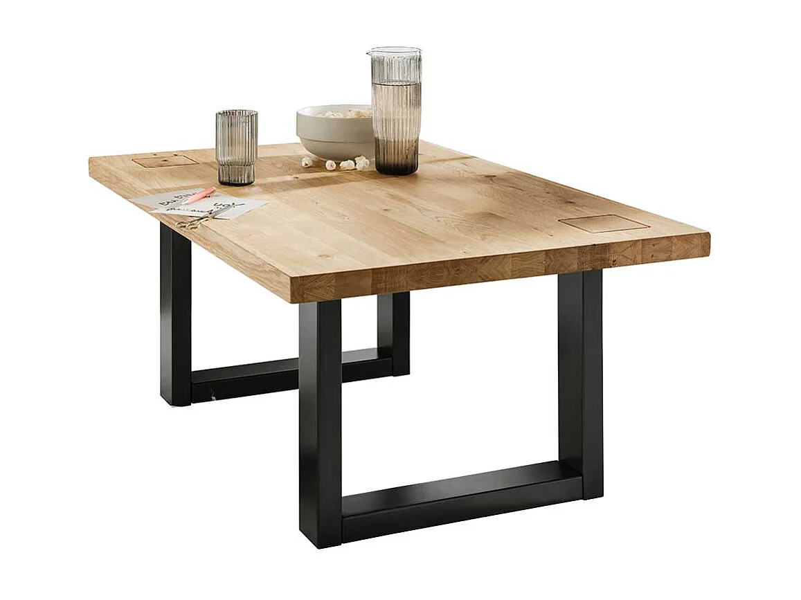 Wildeiche Wohnzimmertisch mit Metall Bügelgestell Hirnholz Einlage