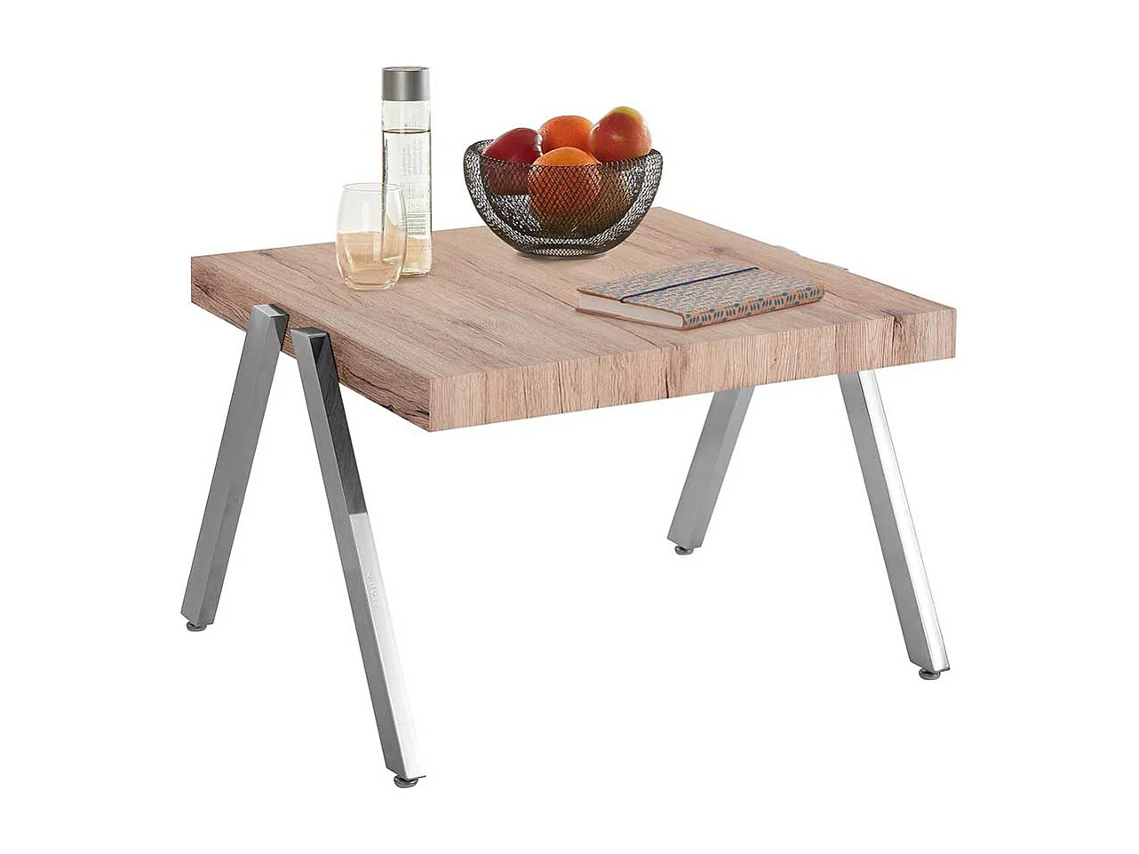 Wohnzimmer Tisch in Eichefarben verchromtem 4-Fußgestell