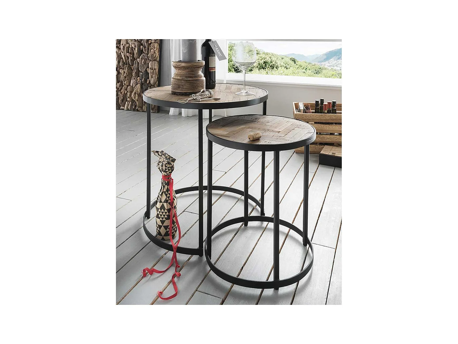 Runde Wohnzimmer Tische im Industrie Stil Recyclingholz & Metall (zweiteilig)