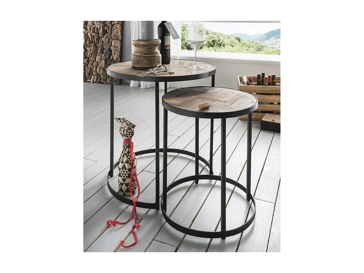 Runde Wohnzimmer Tische im Industrie Stil Recyclingholz & Metall (zweiteilig)