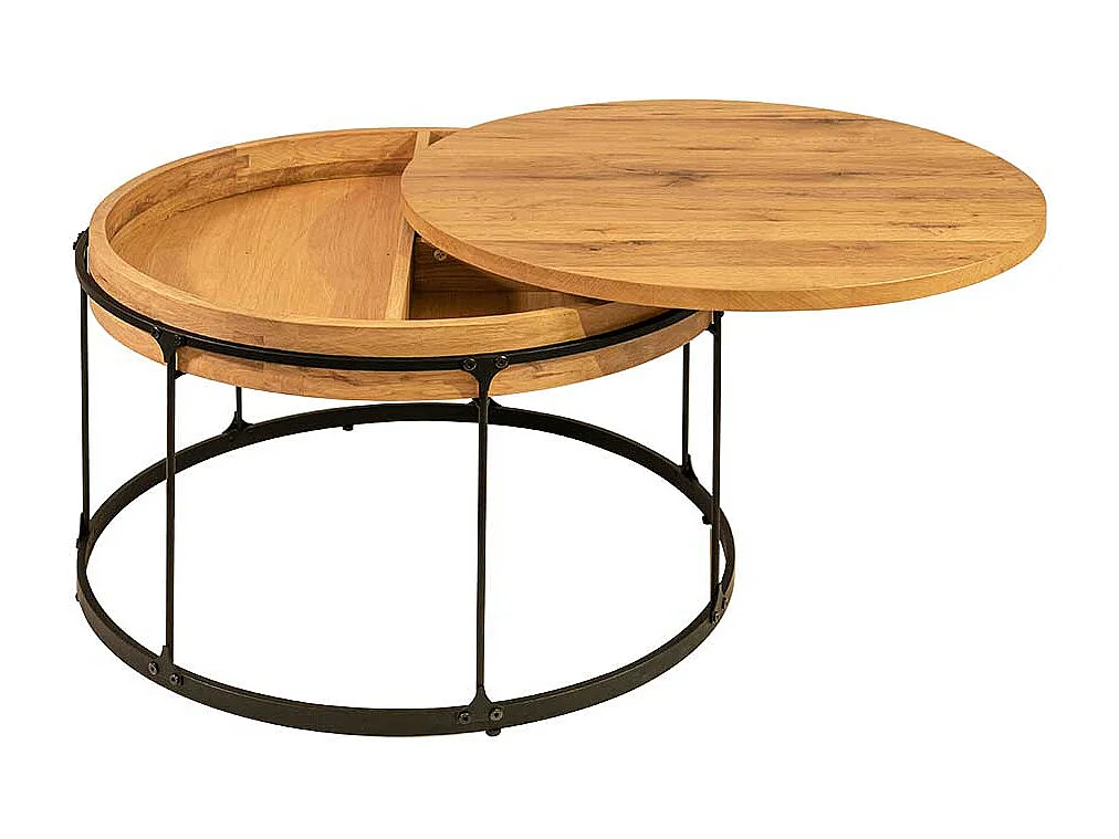 Runder Couchtisch aus Wildeiche Massivholz und Stahl Made in Germany