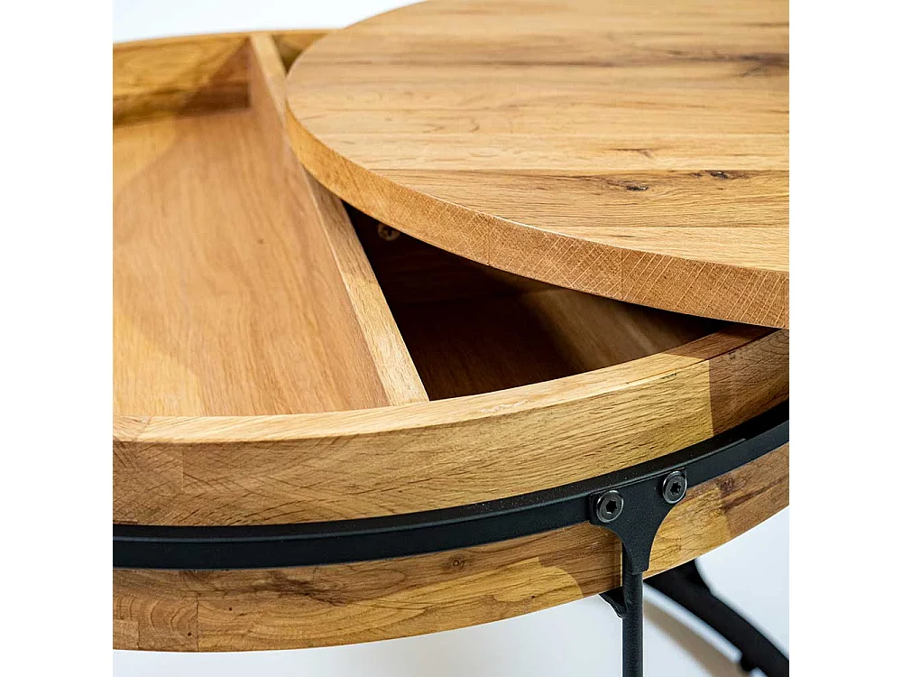 Runder Couchtisch aus Wildeiche Massivholz und Stahl Made in Germany