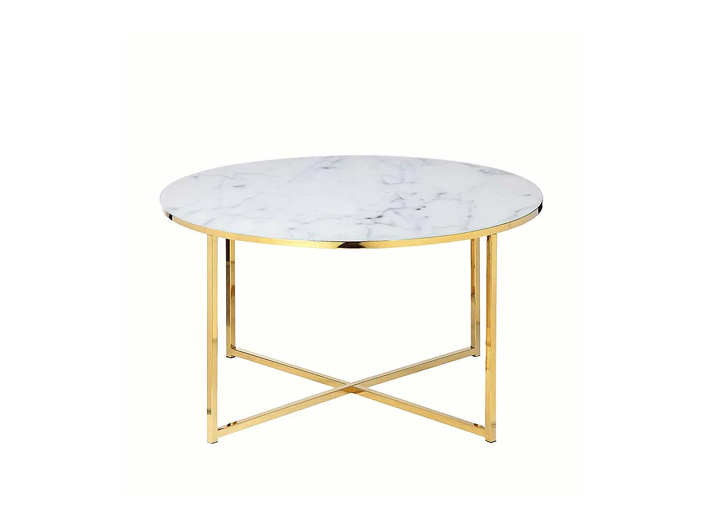 Runder Wohnzimmertisch mit Glasplatte Marmoroptik Weiß Hellgrau