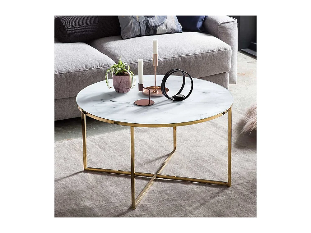 Runder Wohnzimmertisch mit Glasplatte Marmoroptik Weiß Hellgrau